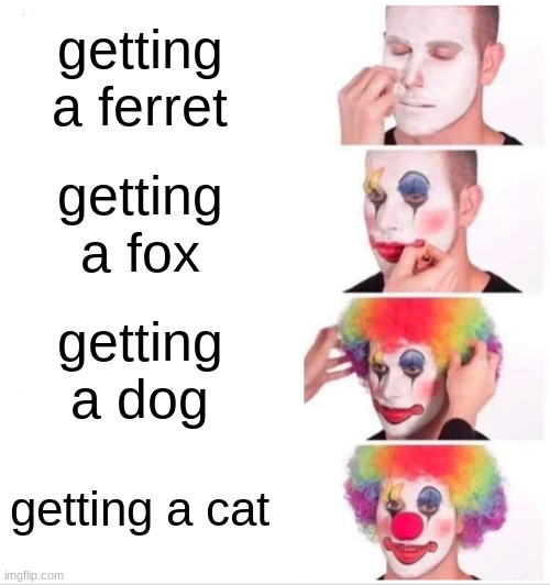 Clown Applying Makeup | getting a ferret; getting a fox; getting a dog; getting a cat | image tagged in memes,clown applying makeup | made w/ Imgflip meme maker