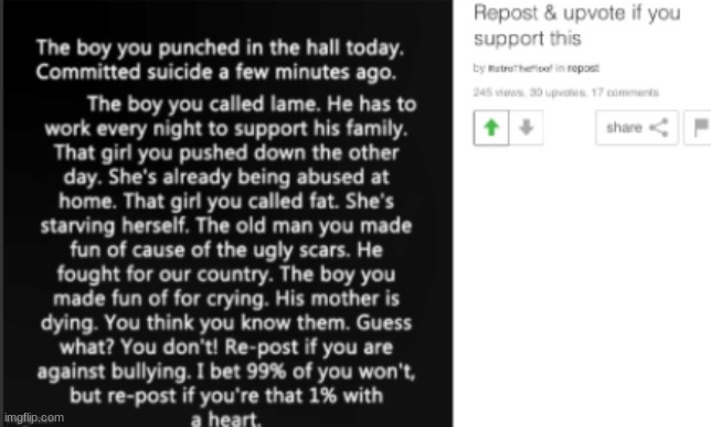Repost and upvote if your against bullying | image tagged in repost | made w/ Imgflip meme maker