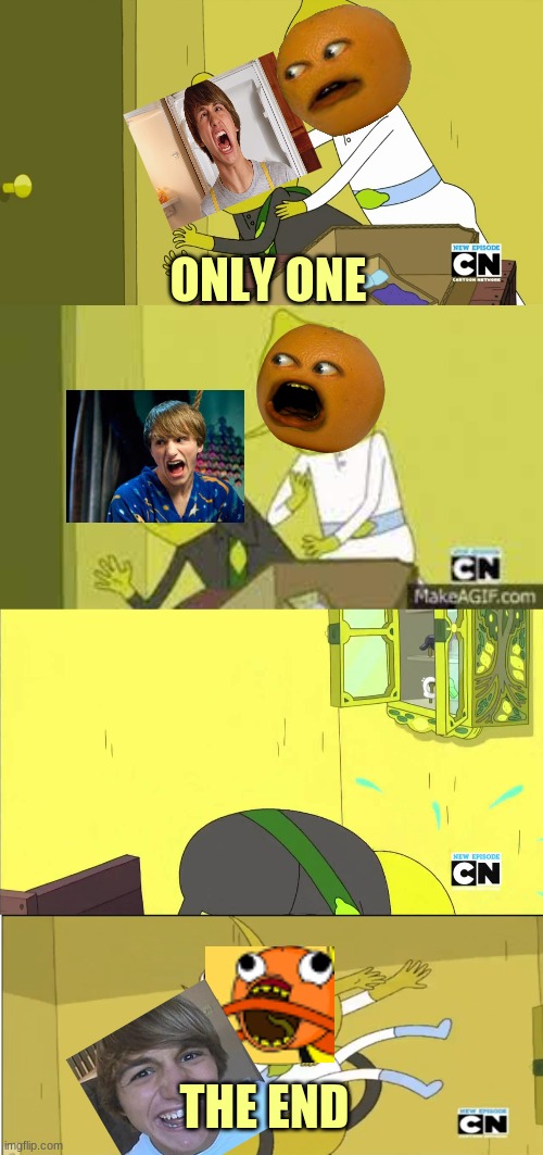 Fred Eats Annoying Orange | ONLY ONE; THE END | image tagged in lemongrab,fred,annoying orange,memes,eats | made w/ Imgflip meme maker