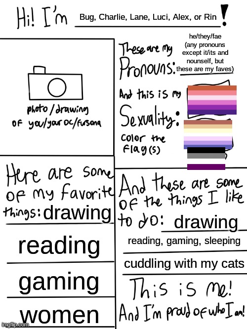 Lgbtq stream account profile | Bug, Charlie, Lane, Luci, Alex, or Rin; he/they/fae (any pronouns except it/its and nounself, but these are my faves); drawing; drawing; reading; reading, gaming, sleeping; cuddling with my cats; gaming; women | image tagged in lgbtq stream account profile | made w/ Imgflip meme maker