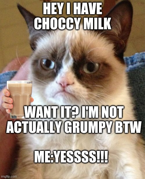 Grumpy Cat | HEY I HAVE CHOCCY MILK; WANT IT? I'M NOT ACTUALLY GRUMPY BTW; ME:YESSSS!!! | image tagged in memes,grumpy cat | made w/ Imgflip meme maker