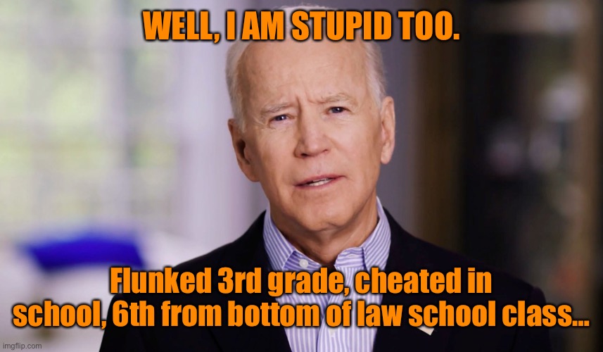 Joe Biden 2020 | WELL, I AM STUPID TOO. Flunked 3rd grade, cheated in school, 6th from bottom of law school class… | image tagged in joe biden 2020 | made w/ Imgflip meme maker