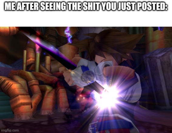 sora sacrifice | ME AFTER SEEING THE SHIT YOU JUST POSTED: | image tagged in sora sacrifice | made w/ Imgflip meme maker