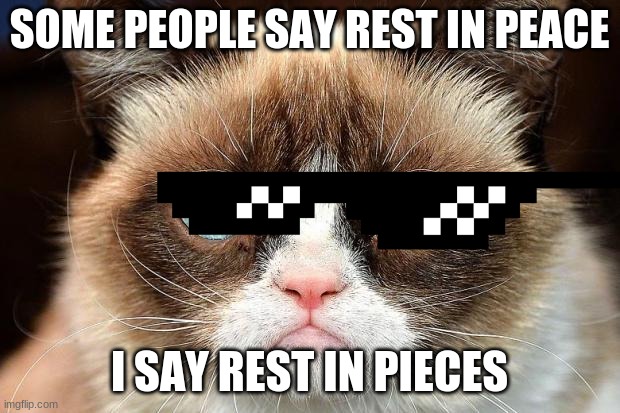 Grumpy Cat Not Amused | SOME PEOPLE SAY REST IN PEACE; I SAY REST IN PIECES | image tagged in memes,grumpy cat not amused,grumpy cat | made w/ Imgflip meme maker