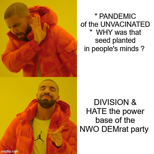HATE & DIVISION BE THY DEMS NAME | " PANDEMIC of the UNVACINATED "  WHY was that seed planted in people's minds ? DIVISION & HATE the power base of the NWO DEMrat party | image tagged in memes,drake hotline bling | made w/ Imgflip meme maker