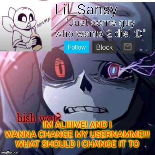 Hey cool I'm not dead | IM ALIIIIVE! AND I WANNA CHANGE MY USERNAMME!!! WHAT SHOULD I CHANGE IT TO | image tagged in lil_sansy template | made w/ Imgflip meme maker