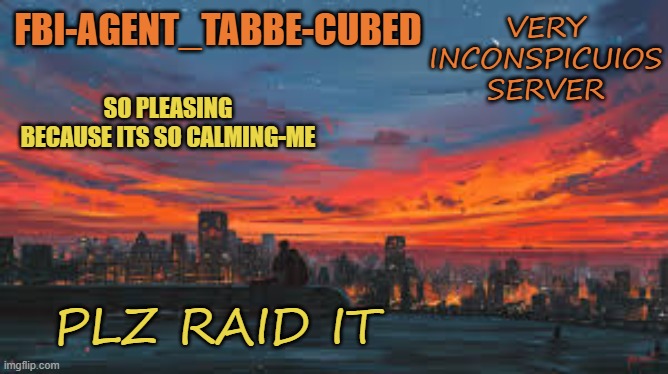 PLS IM BEGGING YALL | VERY INCONSPICUIOS SERVER; PLZ RAID IT | image tagged in my sunset temp p | made w/ Imgflip meme maker