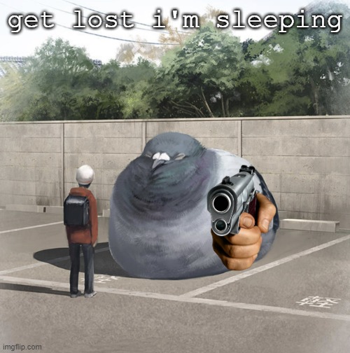 uh oh | get lost i'm sleeping | image tagged in beeg birb | made w/ Imgflip meme maker