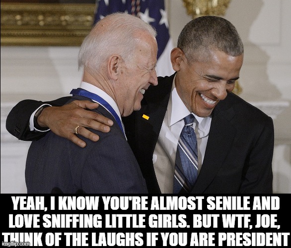Welcome to the Crazy House | YEAH, I KNOW YOU'RE ALMOST SENILE AND
LOVE SNIFFING LITTLE GIRLS. BUT WTF, JOE, 
THINK OF THE LAUGHS IF YOU ARE PRESIDENT | image tagged in vince vance,barack obama,senile,the jokes on you,america,creepy uncle joe | made w/ Imgflip meme maker