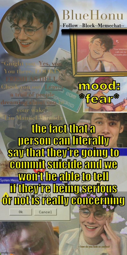 honu's  soft wilbur soot temp | mood: *fear*; the fact that a person can literally say that they're going to commit suicide and we won't be able to tell if they're being serious or not is really concerning | image tagged in honu's soft wilbur soot temp | made w/ Imgflip meme maker