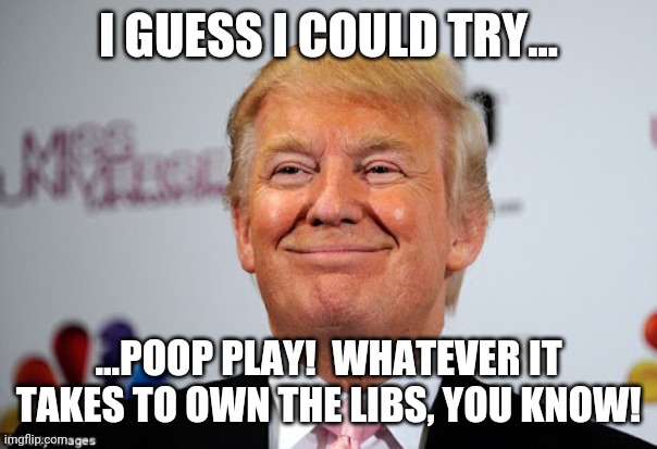 Donald trump approves | I GUESS I COULD TRY... ...POOP PLAY!  WHATEVER IT TAKES TO OWN THE LIBS, YOU KNOW! | image tagged in donald trump approves | made w/ Imgflip meme maker