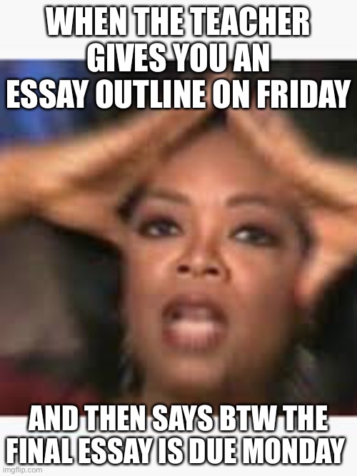 Stressed out | WHEN THE TEACHER GIVES YOU AN ESSAY OUTLINE ON FRIDAY; AND THEN SAYS BTW THE FINAL ESSAY IS DUE MONDAY | image tagged in annoy,special kind of stupid | made w/ Imgflip meme maker