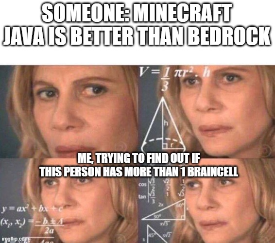 Math lady/Confused lady | SOMEONE: MINECRAFT JAVA IS BETTER THAN BEDROCK; ME, TRYING TO FIND OUT IF THIS PERSON HAS MORE THAN 1 BRAINCELL | image tagged in math lady/confused lady | made w/ Imgflip meme maker