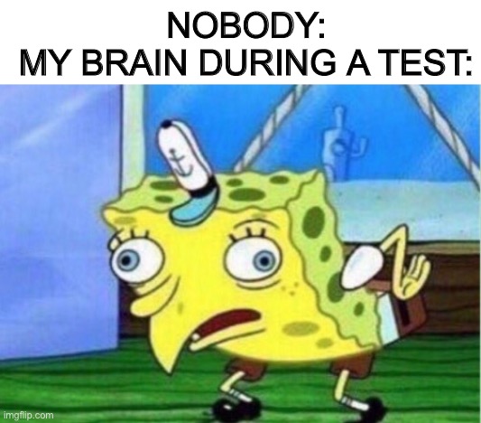 Image Title | NOBODY:
MY BRAIN DURING A TEST: | image tagged in memes,mocking spongebob,random tag i decided to put | made w/ Imgflip meme maker