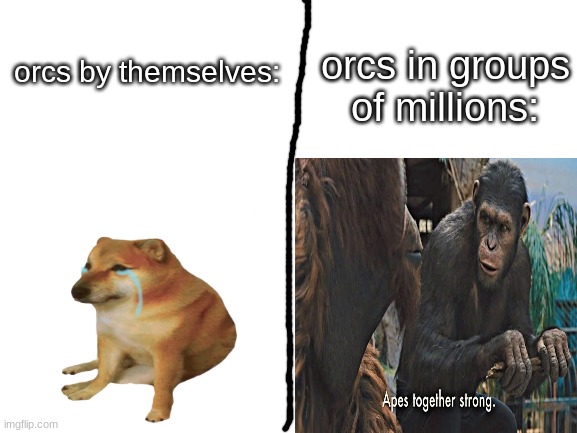 lord of the rings meme i guess | orcs in groups of millions:; orcs by themselves: | image tagged in blank white template,sad cheems,apes together strong,lord of the rings | made w/ Imgflip meme maker