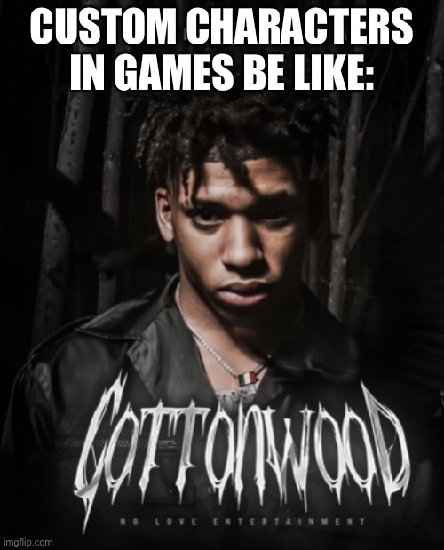 Cottonwood Album Cover NLE Choppa | CUSTOM CHARACTERS IN GAMES BE LIKE: | image tagged in cottonwood album cover nle choppa | made w/ Imgflip meme maker