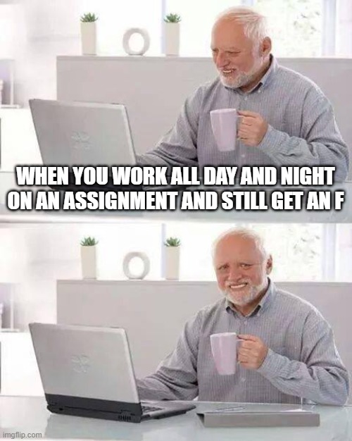 my life | WHEN YOU WORK ALL DAY AND NIGHT ON AN ASSIGNMENT AND STILL GET AN F | image tagged in memes,hide the pain harold | made w/ Imgflip meme maker