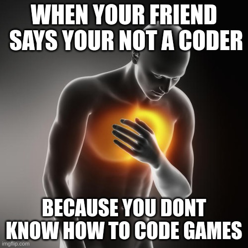 I am internally frustrated | WHEN YOUR FRIEND  SAYS YOUR NOT A CODER; BECAUSE YOU DONT KNOW HOW TO CODE GAMES | image tagged in lol heartburn,code,ha ha tags go brr,unnecessary tags,tags - yes | made w/ Imgflip meme maker