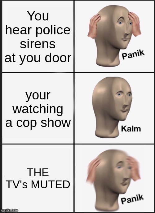 COP | You hear police sirens at you door; your watching a cop show; THE TV's MUTED | image tagged in memes,panik kalm panik | made w/ Imgflip meme maker