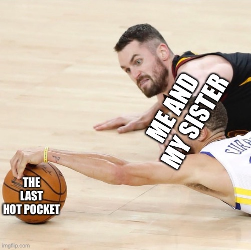 NBA Stopper | ME AND MY SISTER; THE LAST HOT POCKET | image tagged in nba stopper | made w/ Imgflip meme maker