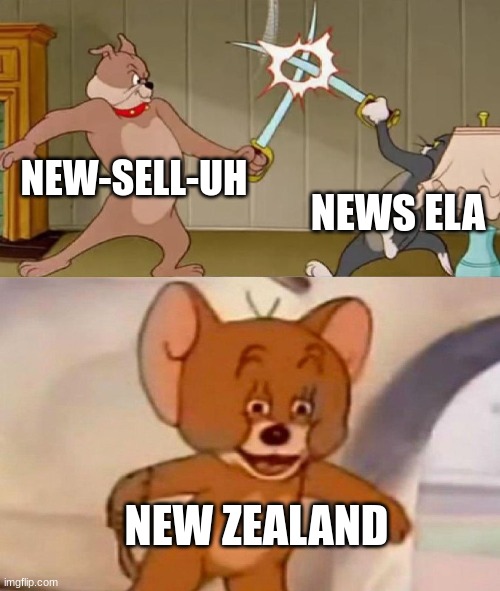 Comment what you say | NEW-SELL-UH; NEWS ELA; NEW ZEALAND | image tagged in tom and jerry swordfight | made w/ Imgflip meme maker