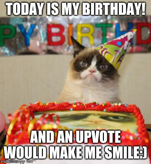 meow |  TODAY IS MY BIRTHDAY! AND AN UPVOTE WOULD MAKE ME SMILE:) | image tagged in memes,grumpy cat birthday,grumpy cat | made w/ Imgflip meme maker