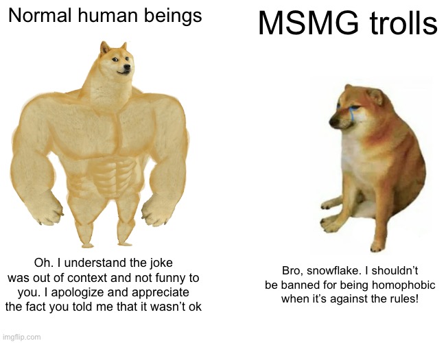 Change my mind…no really, before the trolls get here | Normal human beings; MSMG trolls; Oh. I understand the joke was out of context and not funny to you. I apologize and appreciate the fact you told me that it wasn’t ok; Bro, snowflake. I shouldn’t be banned for being homophobic when it’s against the rules! | image tagged in memes,buff doge vs cheems | made w/ Imgflip meme maker