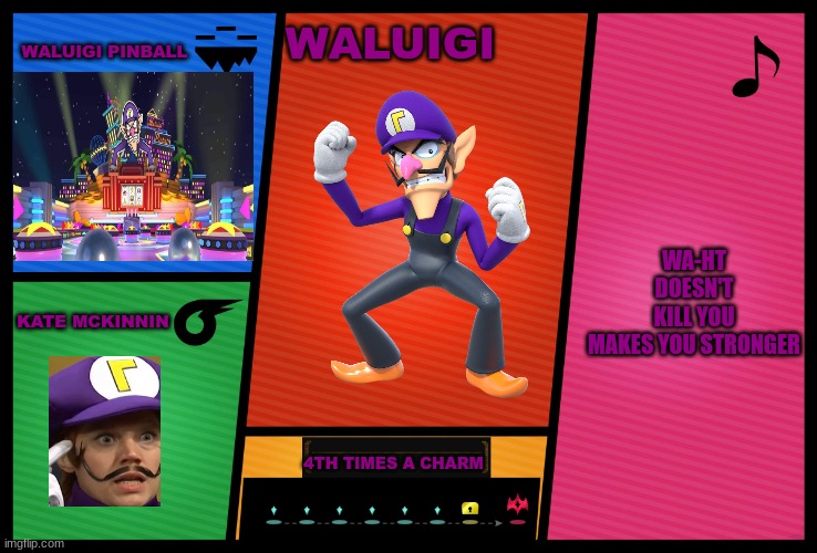 Smash Ultimate DLC fighter profile | WALUIGI PINBALL; WALUIGI; WA-HT DOESN'T KILL YOU MAKES YOU STRONGER; KATE MCKINNIN; 4TH TIMES A CHARM | image tagged in waluigi,saturday night live,meanwhile on imgflip | made w/ Imgflip meme maker