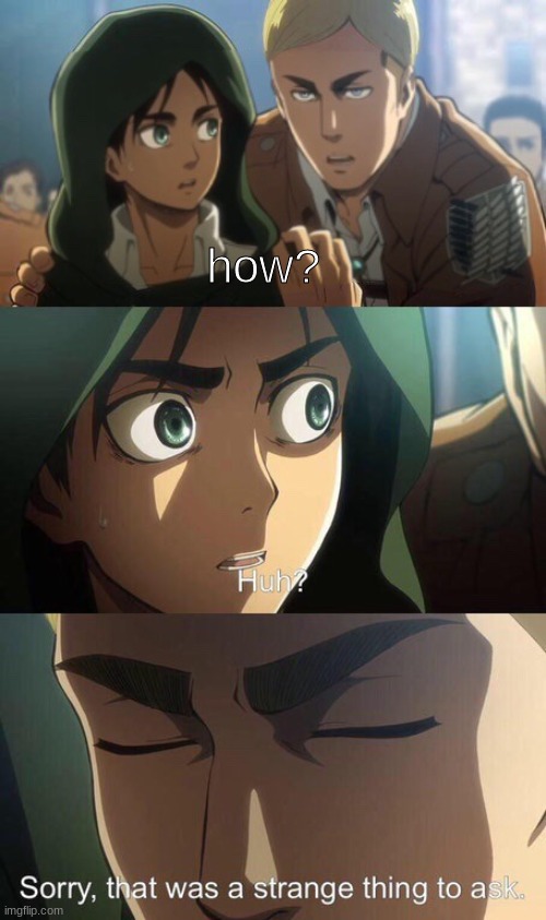 Strange question attack on titan | how? | image tagged in strange question attack on titan | made w/ Imgflip meme maker