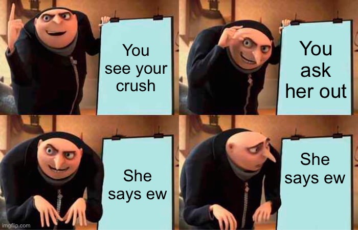 Gru's Plan Meme | You see your crush; You ask her out; She says ew; She says ew | image tagged in memes,gru's plan | made w/ Imgflip meme maker