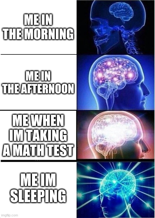 whyyyyyyy |  ME IN THE MORNING; ME IN THE AFTERNOON; ME WHEN IM TAKING A MATH TEST; ME IM SLEEPING | image tagged in memes,expanding brain | made w/ Imgflip meme maker