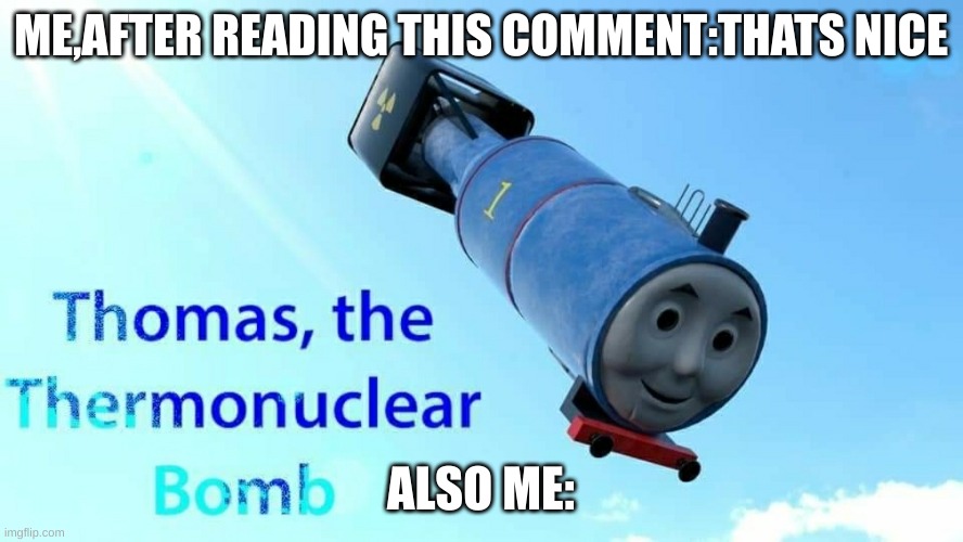 thomas the thermonuclear bomb | ME,AFTER READING THIS COMMENT:THATS NICE ALSO ME: | image tagged in thomas the thermonuclear bomb | made w/ Imgflip meme maker