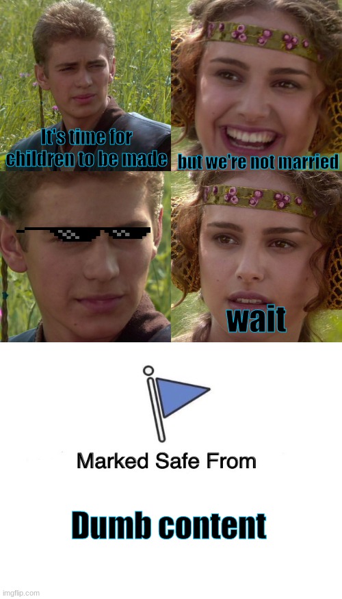 uh-oh the dumb content flag someone help | It's time for children to be made; but we're not married; wait; Dumb content | image tagged in anakin padme 4 panel,dumb content flag | made w/ Imgflip meme maker