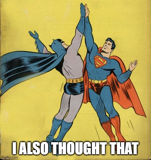 Batman superman high five | I ALSO THOUGHT THAT | image tagged in batman superman high five | made w/ Imgflip meme maker