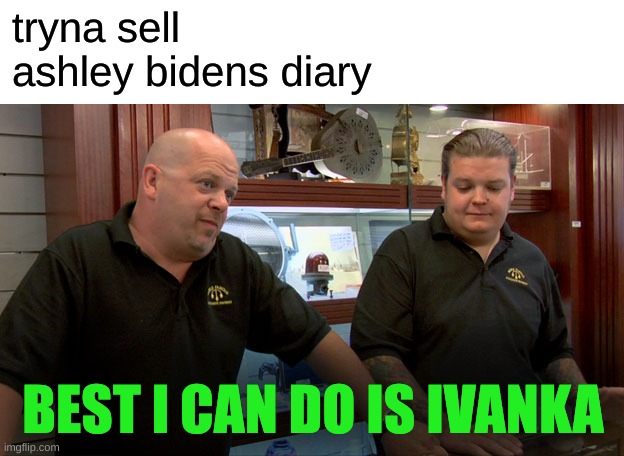 same street, same block | tryna sell
ashley bidens diary; BEST I CAN DO IS IVANKA | image tagged in pawn stars best i can do,ivanka trump,ashley biden,diary,memes,family values | made w/ Imgflip meme maker