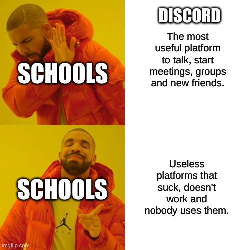 Fun platforrms vs useless platforms | The most useful platform to talk, start meetings, groups and new friends. DISCORD; SCHOOLS; Useless platforms that suck, doesn't work and nobody uses them. SCHOOLS | image tagged in memes,drake hotline bling | made w/ Imgflip meme maker