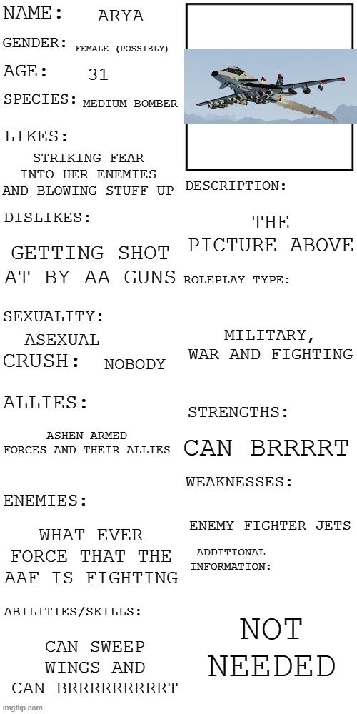 my first plane oc | ARYA; FEMALE (POSSIBLY); 31; MEDIUM BOMBER; STRIKING FEAR INTO HER ENEMIES AND BLOWING STUFF UP; THE PICTURE ABOVE; GETTING SHOT AT BY AA GUNS; MILITARY, WAR AND FIGHTING; ASEXUAL; NOBODY; ASHEN ARMED FORCES AND THEIR ALLIES; CAN BRRRRT; ENEMY FIGHTER JETS; WHAT EVER FORCE THAT THE AAF IS FIGHTING; NOT NEEDED; CAN SWEEP WINGS AND CAN BRRRRRRRRRT | image tagged in updated roleplay oc showcase,less go | made w/ Imgflip meme maker