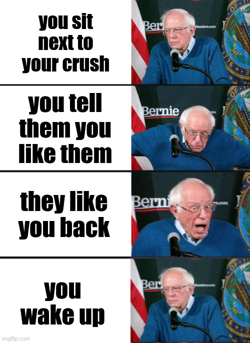 triggerderded | you sit next to your crush; you tell them you like them; they like you back; you wake up | image tagged in bernie sanders reaction nuked | made w/ Imgflip meme maker