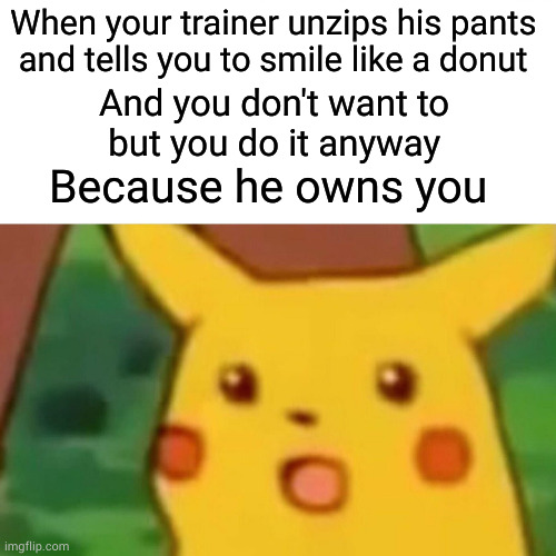 Pikachu I choose you! *zzzzzzzzip* | When your trainer unzips his pants
 and tells you to smile like a donut; And you don't want to
 but you do it anyway; Because he owns you | image tagged in memes,surprised pikachu | made w/ Imgflip meme maker