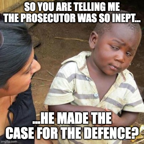 Inept prosecutor | SO YOU ARE TELLING ME THE PROSECUTOR WAS SO INEPT... ...HE MADE THE CASE FOR THE DEFENCE? | image tagged in memes,third world skeptical kid,rittenhouse trial | made w/ Imgflip meme maker