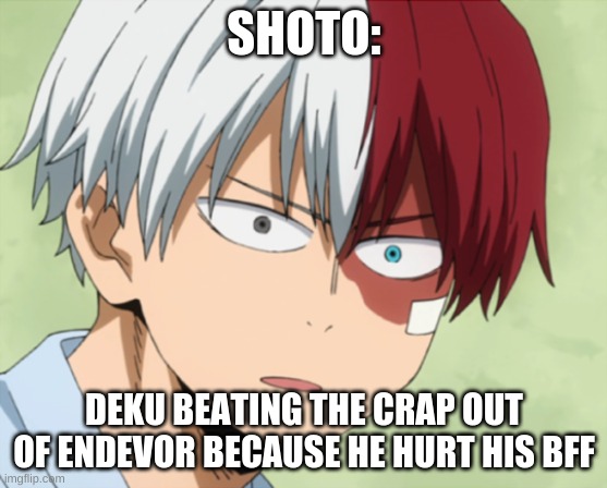 todoroki's life | SHOTO:; DEKU BEATING THE CRAP OUT OF ENDEVOR BECAUSE HE HURT HIS BFF | image tagged in surprised todoroki | made w/ Imgflip meme maker