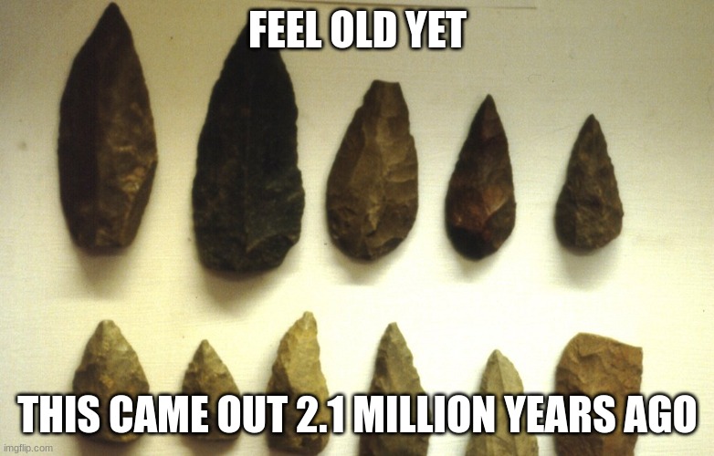 feel old yet | FEEL OLD YET; THIS CAME OUT 2.1 MILLION YEARS AGO | image tagged in feel old yet | made w/ Imgflip meme maker