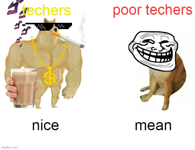 techers | techers; poor techers; nice; mean | image tagged in memes,buff doge vs cheems | made w/ Imgflip meme maker