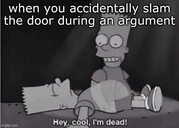 well, i lived a full life | when you accidentally slam the door during an argument | image tagged in hey cool i'm dead | made w/ Imgflip meme maker