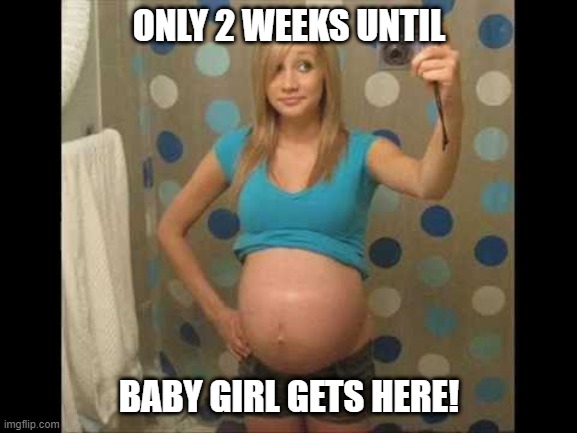 "Baby girl is almost here!" | ONLY 2 WEEKS UNTIL; BABY GIRL GETS HERE! | image tagged in pregnant,baby girl,almost there | made w/ Imgflip meme maker