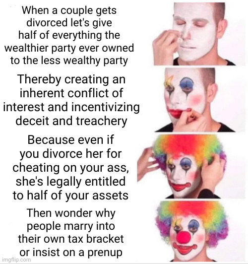 Marriages seldom last til death anyway, but community property laws effectively pay the poorer party to get divorced | When a couple gets divorced let's give half of everything the wealthier party ever owned to the less wealthy party; Thereby creating an inherent conflict of interest and incentivizing deceit and treachery; Because even if you divorce her for cheating on your ass, she's legally entitled to half of your assets; Then wonder why people marry into their own tax bracket or insist on a prenup | image tagged in memes,clown applying makeup | made w/ Imgflip meme maker