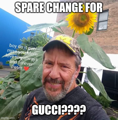Peter Plant | SPARE CHANGE FOR; GUCCI???? | image tagged in peter plant,upvote begging | made w/ Imgflip meme maker