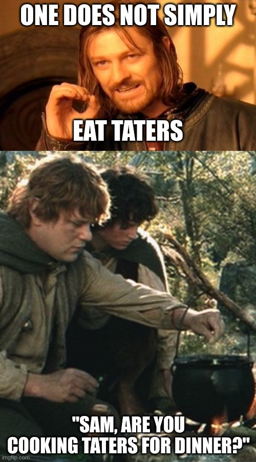 Samwise the Cook | ONE DOES NOT SIMPLY; EAT TATERS; "SAM, ARE YOU COOKING TATERS FOR DINNER?" | image tagged in memes,taters | made w/ Imgflip meme maker