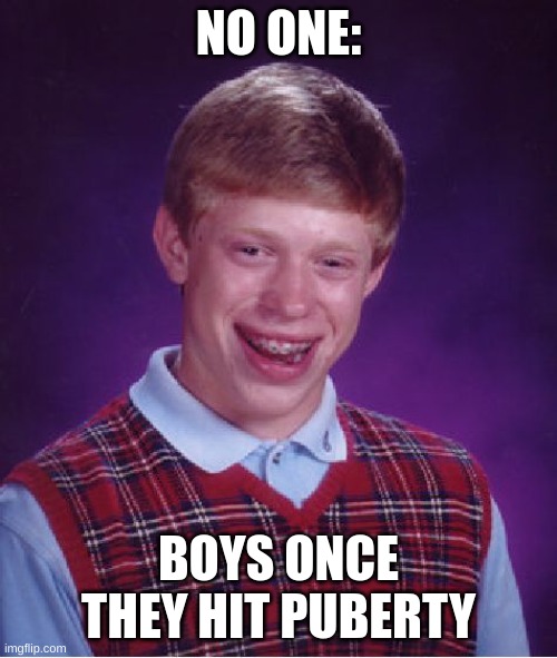 Bad Luck Brian | NO ONE:; BOYS ONCE THEY HIT PUBERTY | image tagged in memes,bad luck brian | made w/ Imgflip meme maker