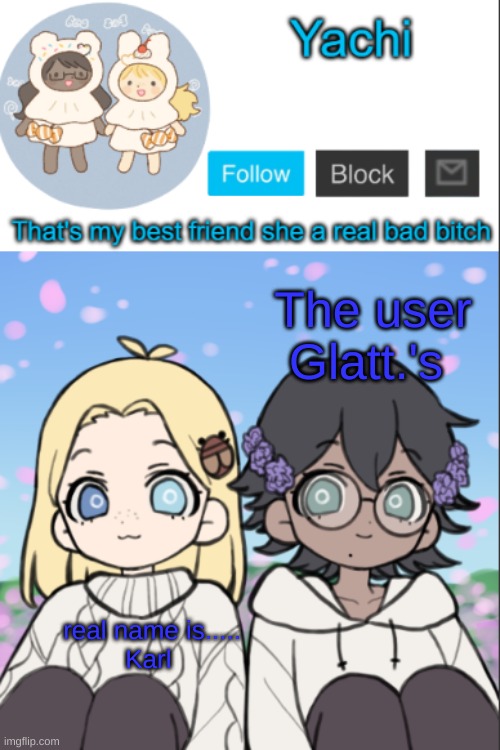 They said I could tell you all | The user Glatt.'s; real name is.....
Karl | image tagged in yachi's yachi and cinna temp | made w/ Imgflip meme maker